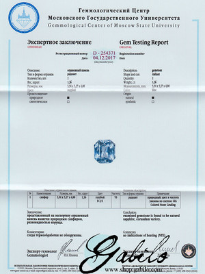 Blue sapphire radiant cut 1.36 ct with gem testing report MSU