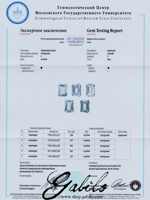 Aquamarine 5х7 octagon cut 0.86 ct with gem report MSU