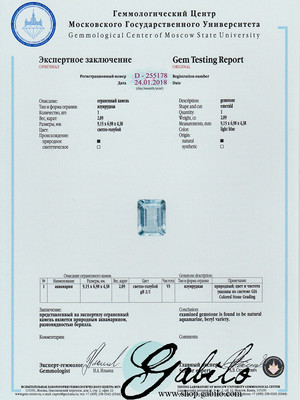 Aquamarine 7х9 octugon cut 2.09 ct with gem report MSU