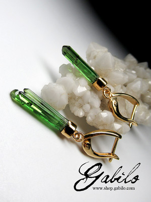 Green Tourmaline Crystals Gold Earrings
