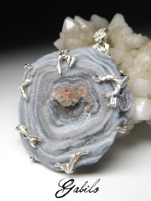 Big agate rose silver pendant 