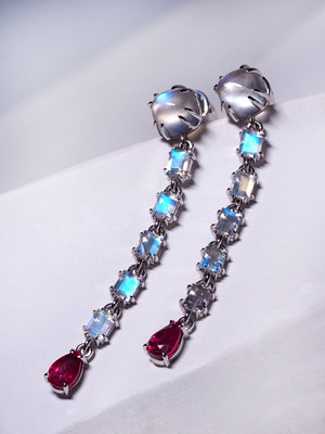 Moonstone and ruby gold earrings