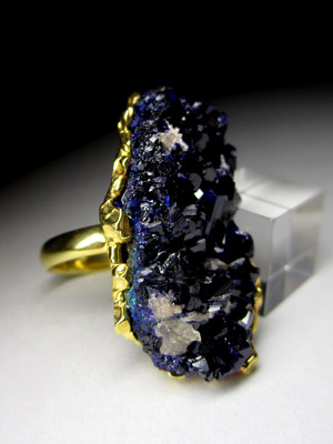 Azurite Crystals Gold Ring