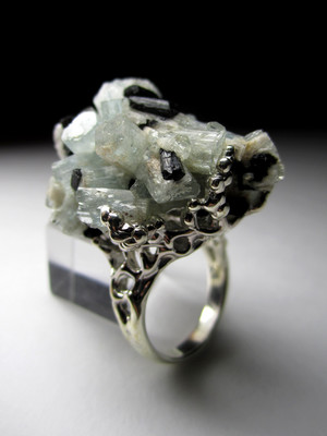 Aquamarine black tourmaline raw crystal silver ring