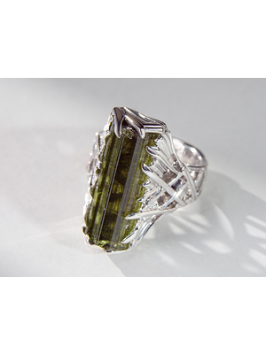Green tourmaline verdelite crystal silver ring