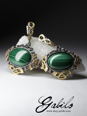 Silver earrings with malachite and enamel