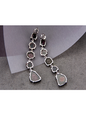 Long white gold earrings with slices of watermelon tourmaline