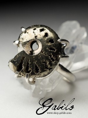 Silver ring with ammonite pyritized