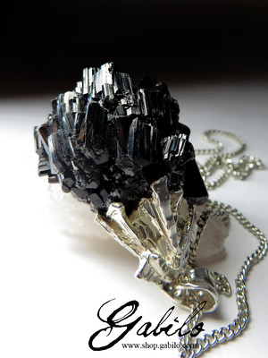 Black Tourmaline Crystal Cluster Silver Pendant