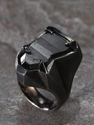 Black tourmaline crystal silver ring