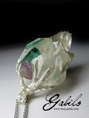 A large pendant with rock crystal and tourmaline in silver