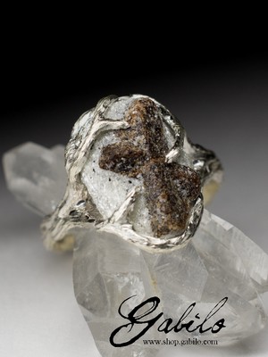 Silver ring with staurolite