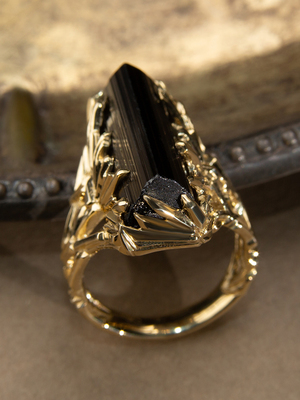 Black Tourmaline yellow gold ring