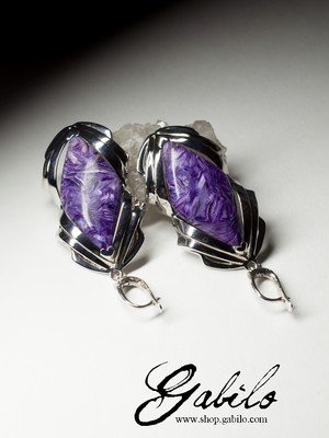 Large silver earrings with charoite