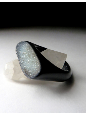 Druzy Black Agate and Quartz Crystals Ring