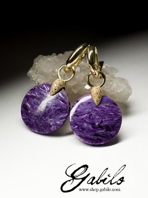Gold earrings with charoite and diamonds