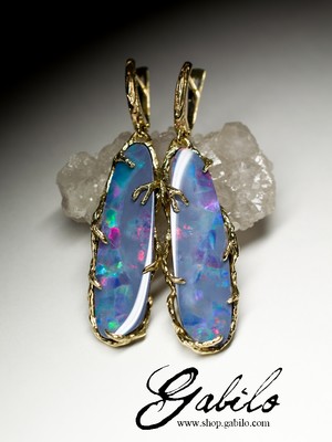 Big doublet opal 14k gold earrings