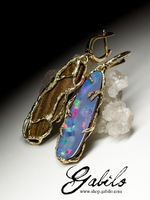 Big doublet opal 14k gold earrings