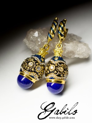Silver earrings with lapis lazuli, enamel and gilding