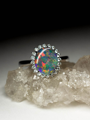 Black Opal and Diamonds Gold Ring