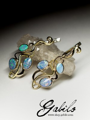 Doublet Opal 14K Gold Art Nouveau Earrings