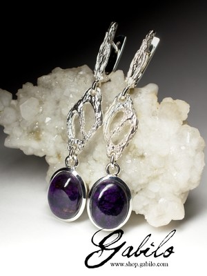 Long silver earrings with sugilite