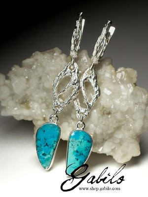 Long silver earrings with turquoise