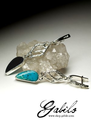 Long silver earrings with turquoise