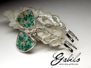 Long silver earrings with dioptase