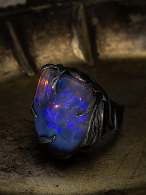 Silver ring with dark Neon Electric Opal