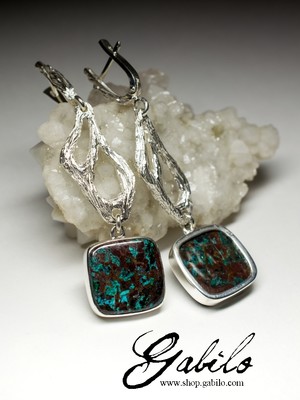 Long silver earrings with chrysocolla